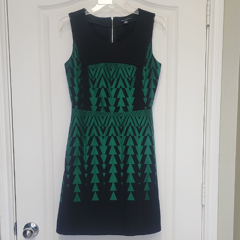 Kenneth Cole New York Geometric Green and Black A-Line Dress With Pockets